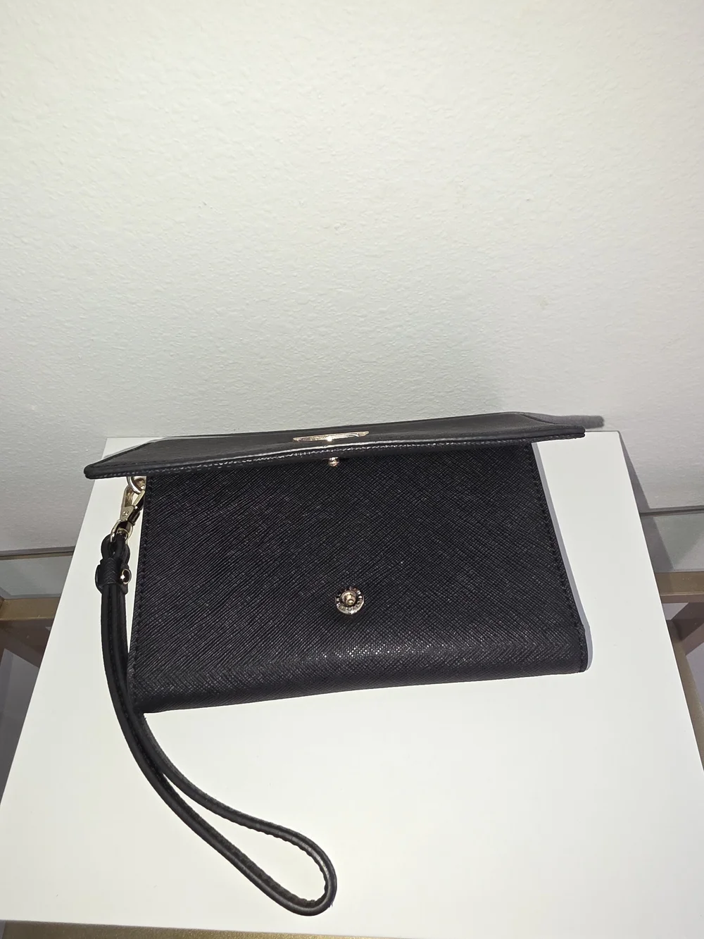 DKNY Black Leather Wristlet Clutch with Silver Logo Accent